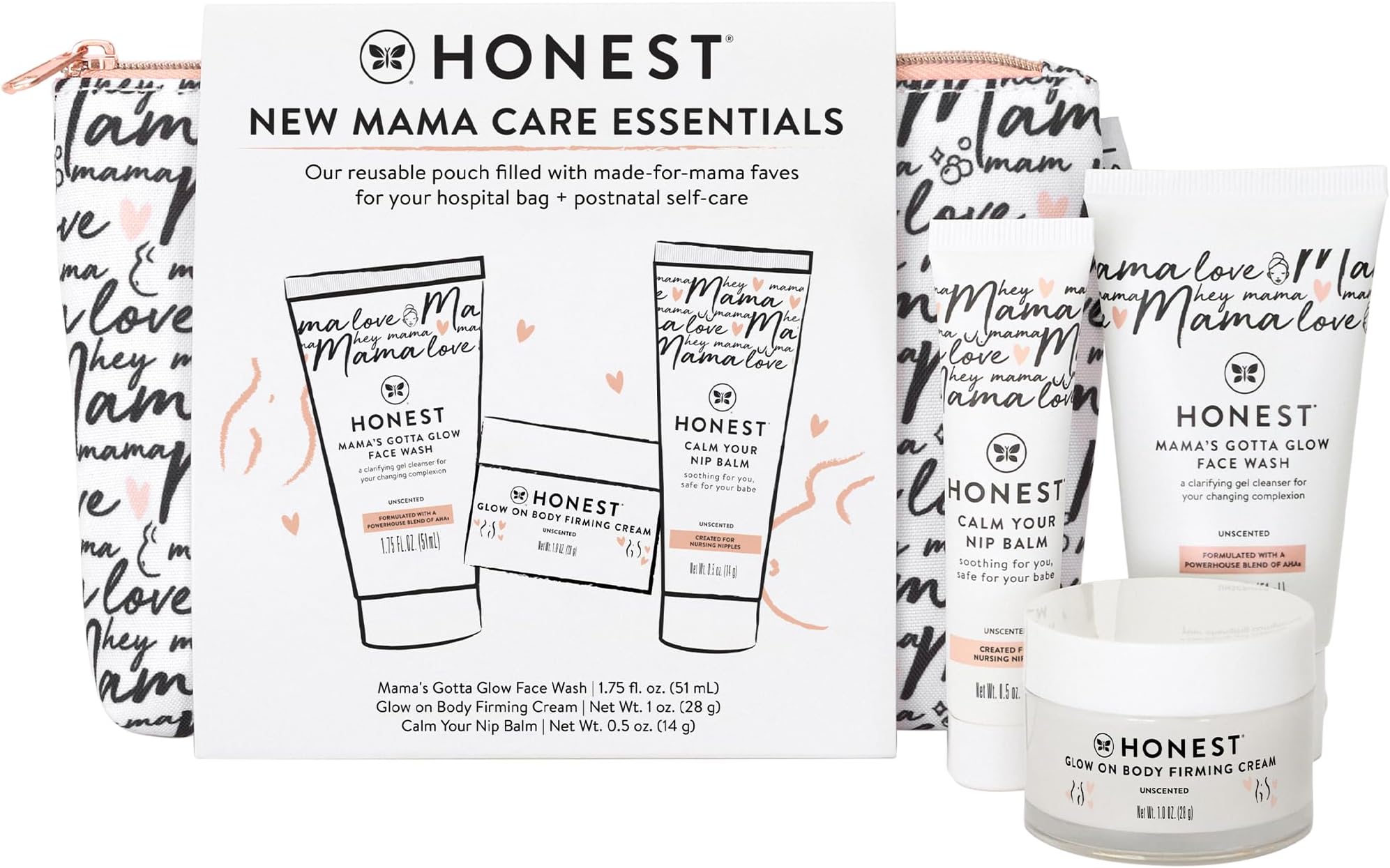 The Honest Company New Mama Care Essentials Gift Set, Hospital Bag Must Haves, Travel Size Nip Balm (0.5 oz) Glow On Body Cream (1 Gotta Face Wash (1.75 fl) with Reusable Pouch