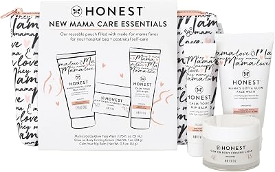 The Honest Company New Mama Care Essentials Gift Set, Hospital Bag Must Haves, Travel Size Nip Balm (0.5 oz) Glow On Body Cream (1 Gotta Face Wash (1.75 fl) with Reusable Pouch