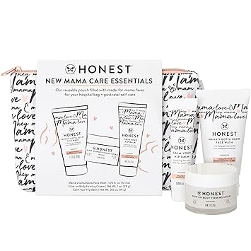 The Honest Company New Mama Care Essentials Gift Set, Hospital Bag Must Haves, Travel Size Nip Balm (0.5 oz) Glow On Body Cream (1 Gotta Face Wash (1.75 fl) with Reusable Pouch