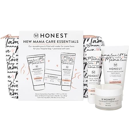 The Honest Company New Mama Care Essentials Gift Set, Hospital Bag Must Haves, Travel Size Nip Balm (0.5 oz) Glow On Body Cream (1 Gotta Face Wash (1.75 fl) with Reusable Pouch