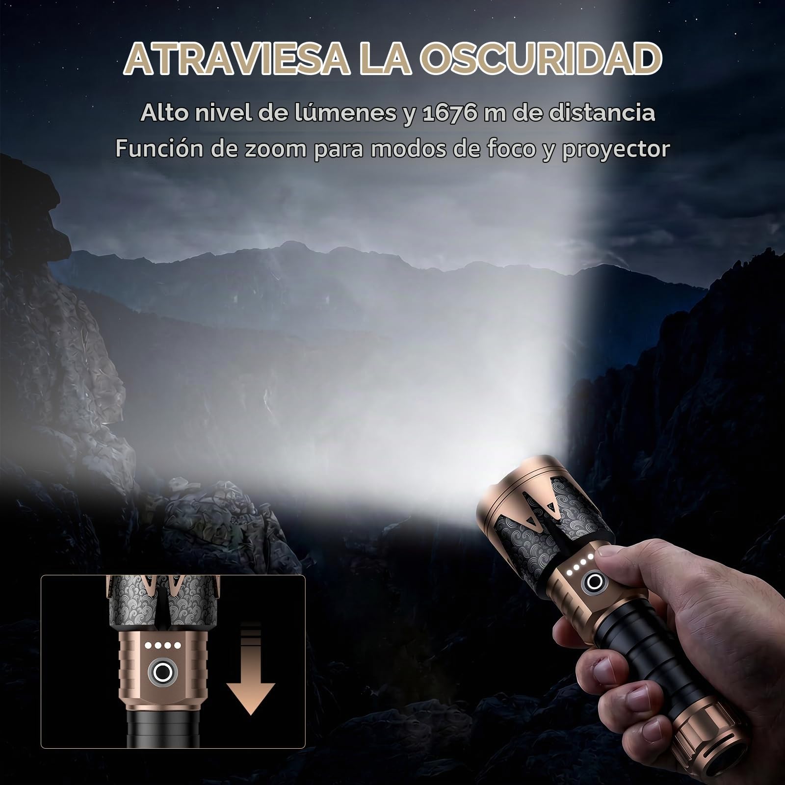 SKYFIRE Linterna LED Recargable 1000000 Lumen con Lente de Encendido, Linterna Potente Compacta 6 Modos Zoomable, 5000mAh USB-C Ligera IPX6 para Senderismo Emergencia Regalo Hombre