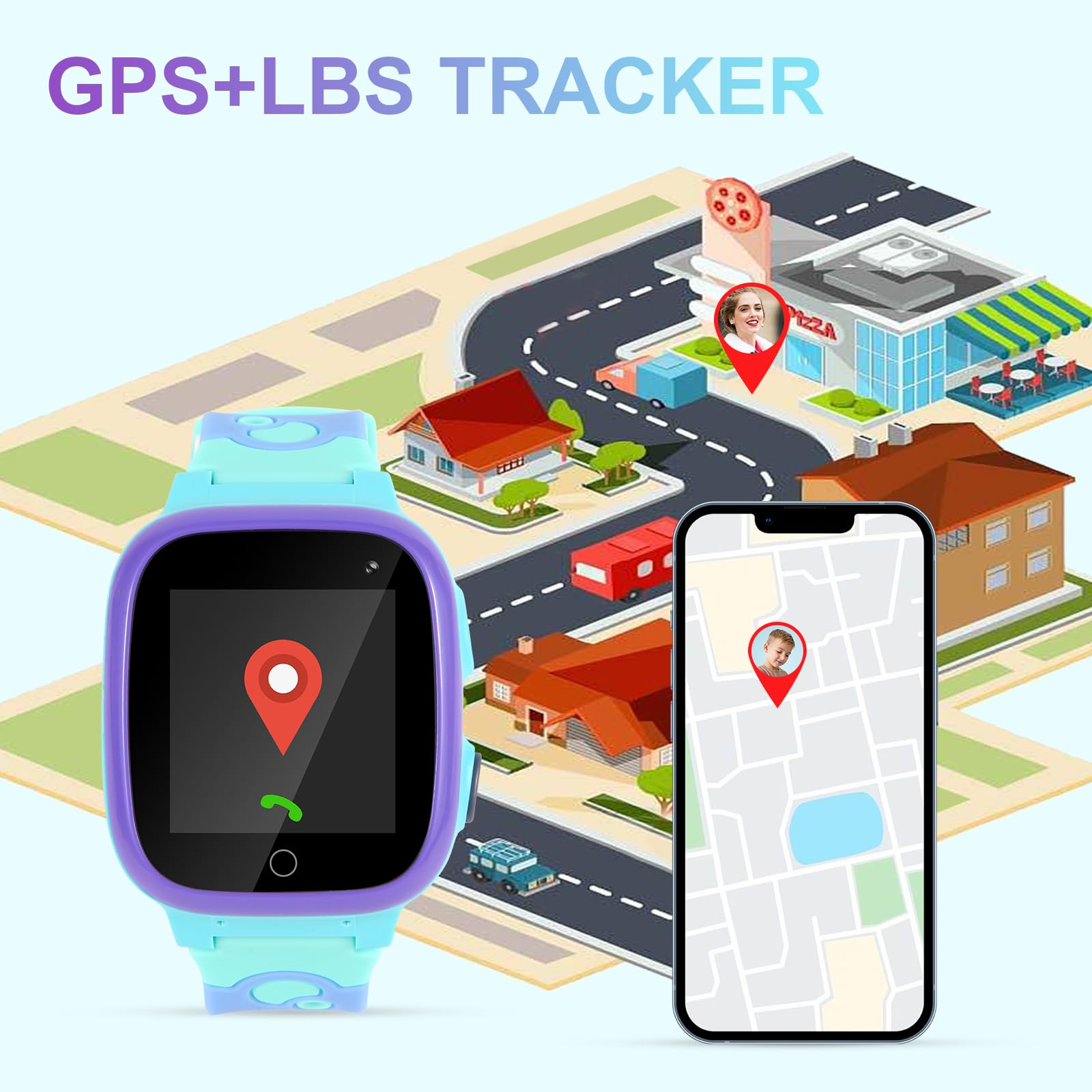 Rastreador lbs de Reloj Inteligente para niños, SOS Juego matemático Llama a la Cámara Pantalla táctil Alarma (Azul)