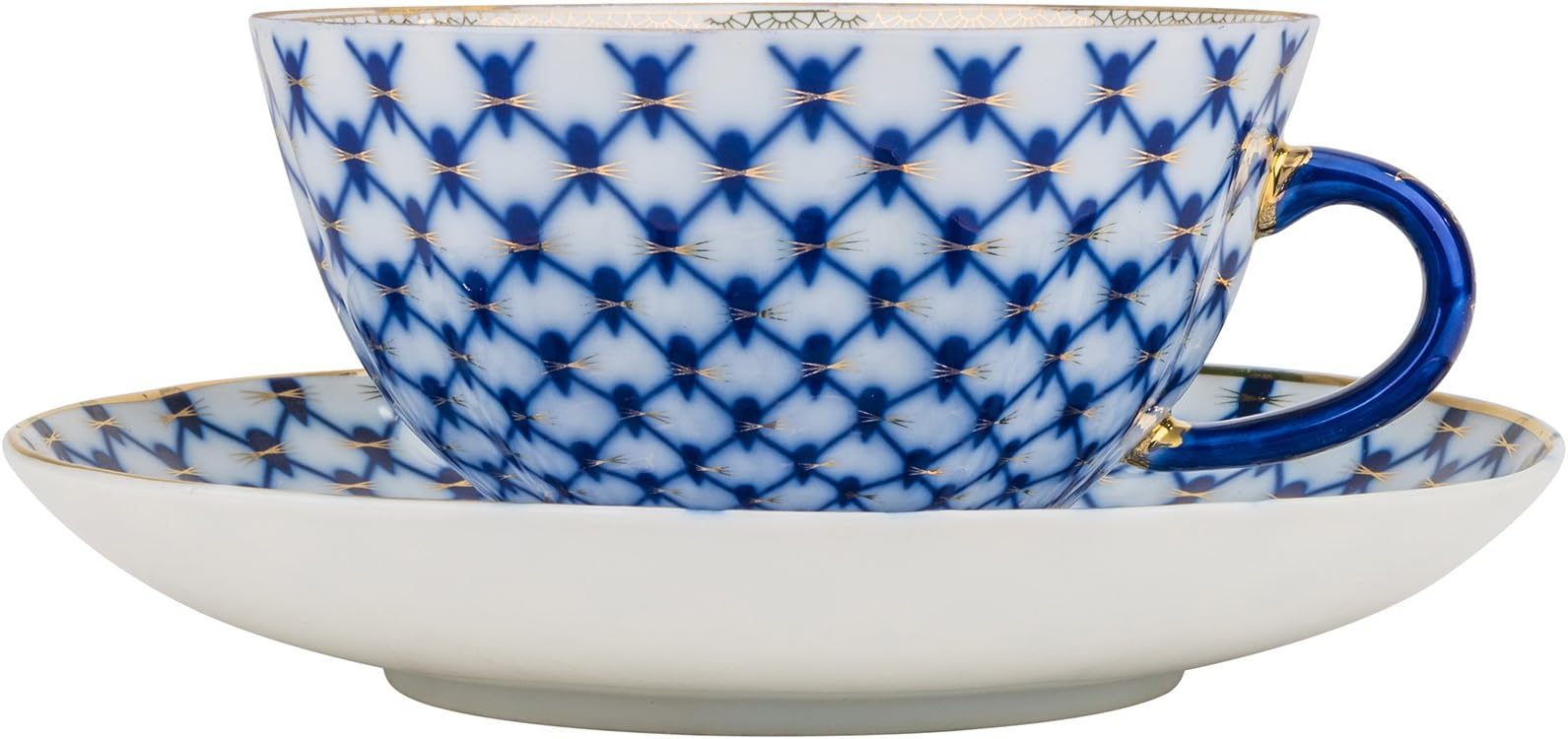 "Cobalt Net" Tea Cups with Saucers Set, Vintage Blue Pattern Tea Coffee Mugs, Bone China Tea Service, 6 Cups + 6 Saucers Set
