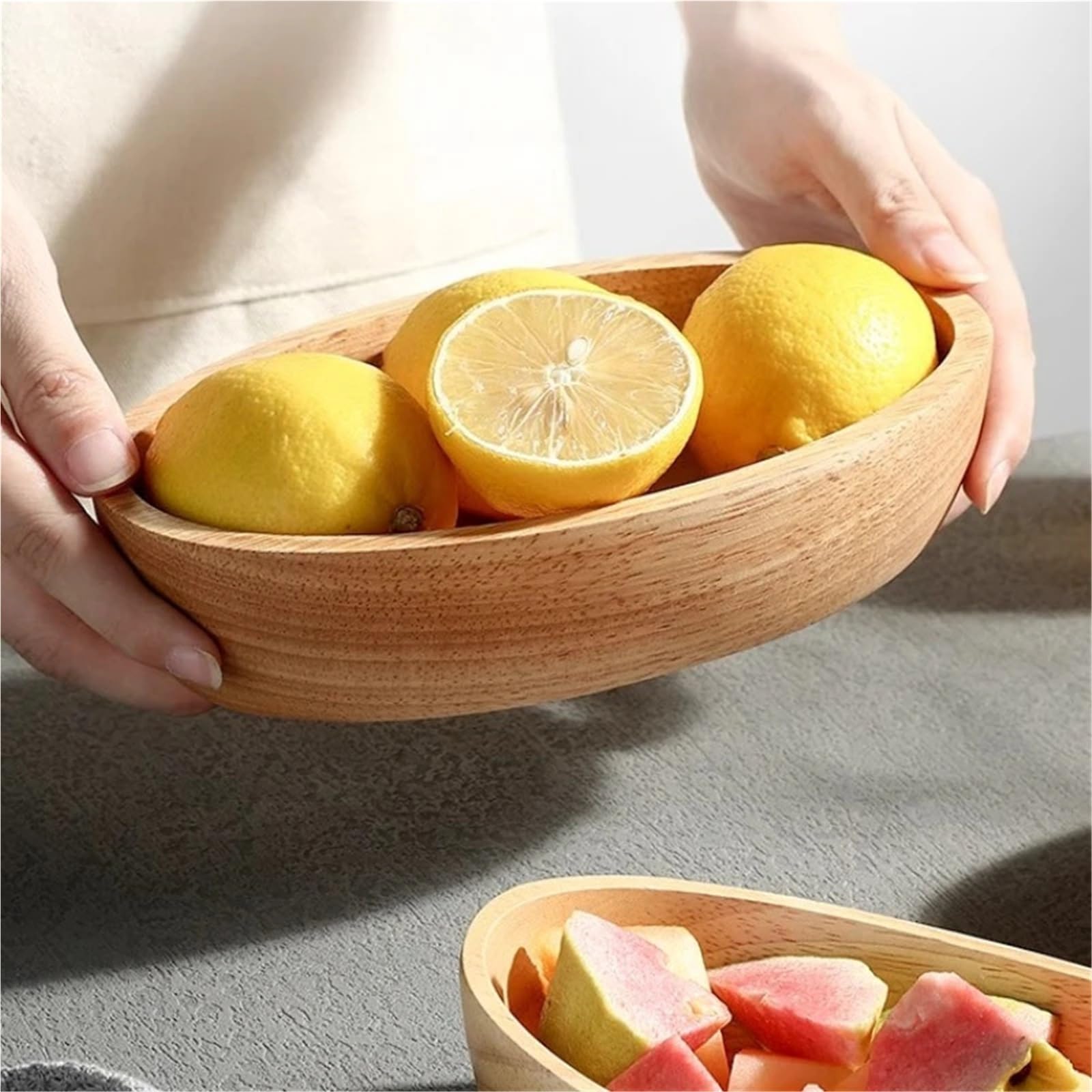 Frutero Madera Ensaladera de madera maciza gruesa con forma barco, cuenco grande for frutas y postres, vajilla(20x4.5cm)