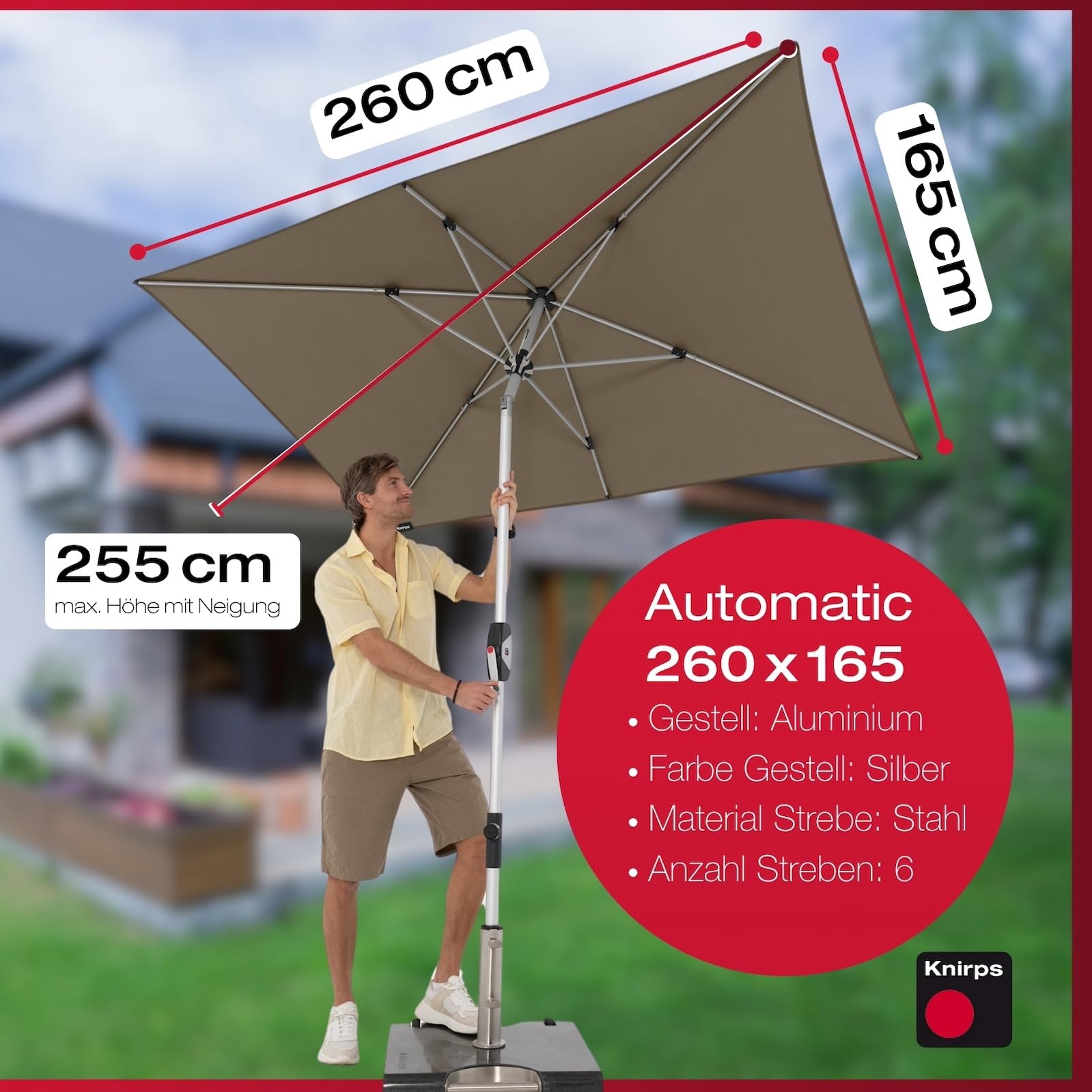 Knirps Automatic Sonnenschirm 260x165cm I innovativer UV-Schutz mit automatischem Öffnen & Schließen I stabiler Gartenschirm I Terrassenschirm kompakt I große Schirmfläche