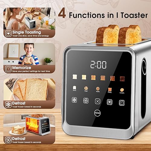 Miniatura 2 de Tostadora de pantalla táctil de 2 rebanadas, tostadoras digitales inteligentes de acero inoxidable con tostada de una sola ranura, función de