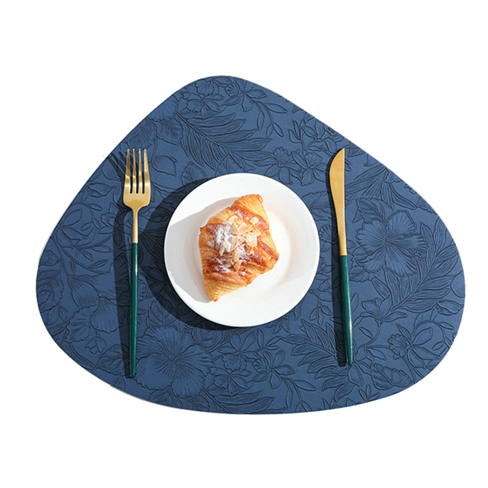 Juego de 10 manteles individuales resistentes al calor, triangulares azul oscuro con patrón de flores, para cocina, comedor, restaurante, manteles individuales para mesa, 34 x 42 cm