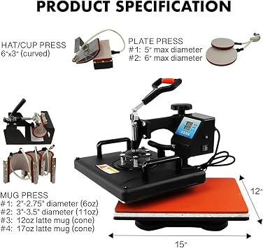 8 in 1 Heat Press Machine Professional Sublimation Machine 12 X 15 Swing Away Shirt Printing Heat Transfer Digital Industrial-Quality Heat Press Machine for T Shirts,Cap,Mug,Plate [Energy Class A]
