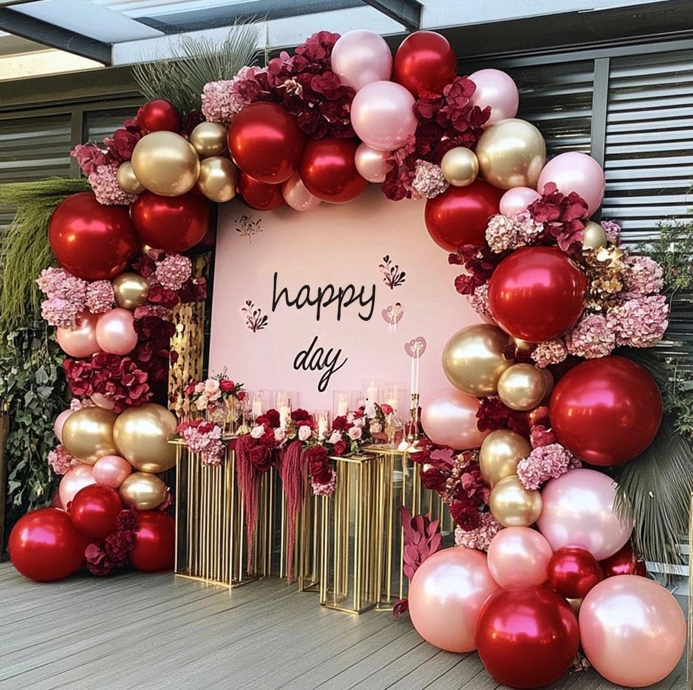 Photo 1 of Burgundy Pink Balloon Arch Kit, Double Stuffed Ruby Red Pearl Pink Gold Balloon Garland Wine Red Maroon Balloons for Mother's Day Wedding Engagement Bridal Shower Birthday Graduation Party Decor