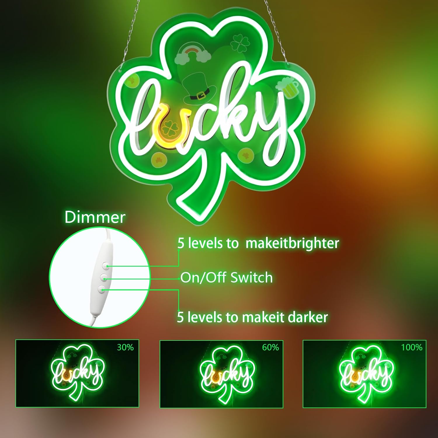 St. Patrick's Day Art Neon Signs Shamrock LED Neon Lights Dimmable Wall Decor for Kids, Room, Office, St Patrick's Day Party Gift Art for Boys Girls-13.2×12.6 IN-USB Powered-Acrylic
