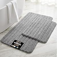 Gorilla Grip Textured Rubber Backing Bath Mats Set of 2, Thick Memory Foam, Ultra Absorbent Striped Rugs, Machine Washable, Grey 24x16 & 30x18