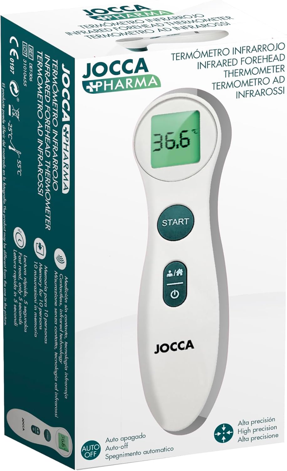 An adult using the Jocca JOCCAPHARMA 3V thermometer to measure a child's forehead temperature.
