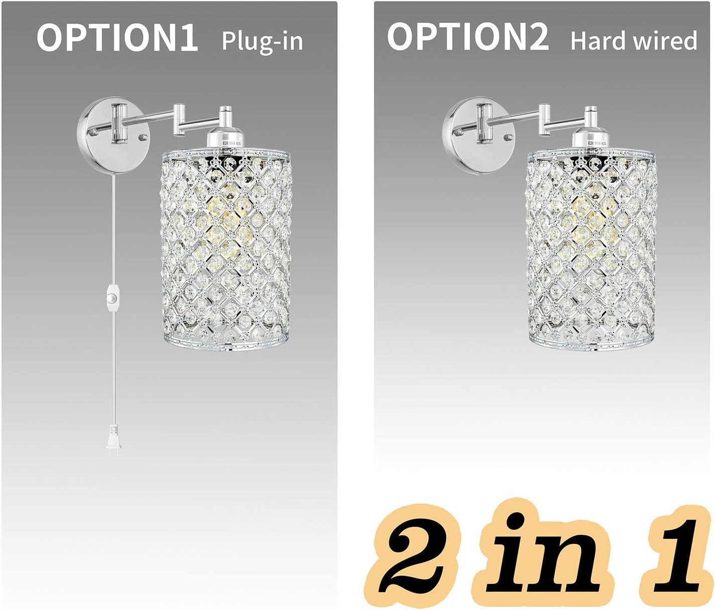 1-Light Wall Lamp Modern Style Metal Round lampshade Decorative Dimmable Crystal E26 Base Wall Lights Industrial Swing Arm Wall Sconce for Home Decor Plug-in Wall lamp 67.59 inch Cord