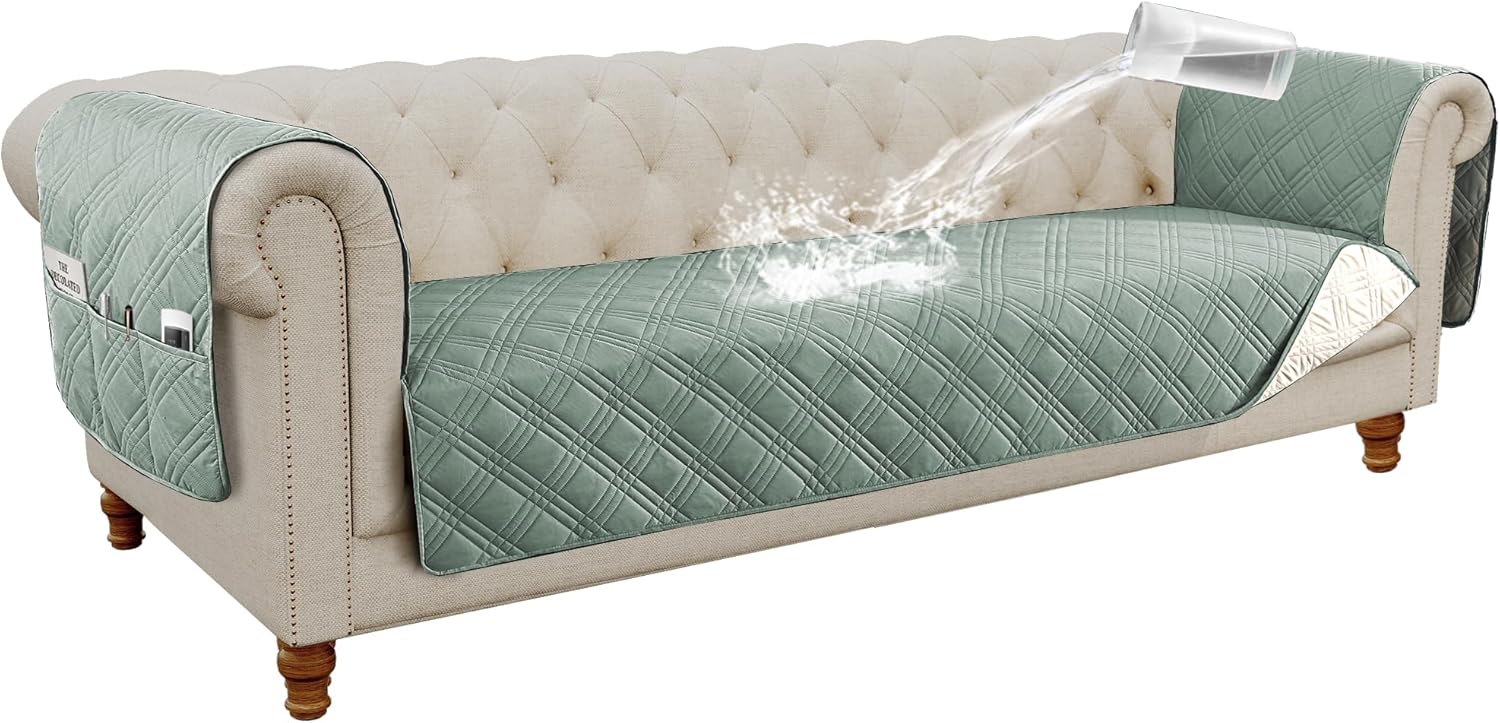 H.VERSAILTEX 100% Waterproof Slipcovers for Couches and Sofas with Extra Long Armrest Cover Modern Pet Couch Cover Thick Soft Couch Cat Scratch Protector(Oversized Sofa, Lily Pad/Beige)