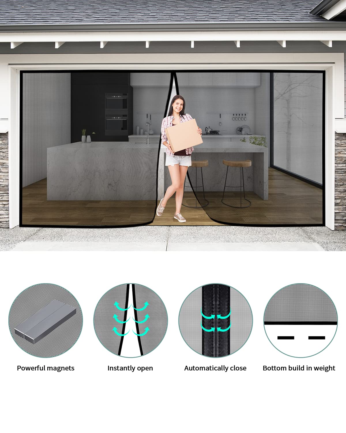 Magnetic Garage Screen Door For 2-Car Garage – 16x7 Ft, Fiberglass Mesh, No-See-Um, With Straps & Magnets