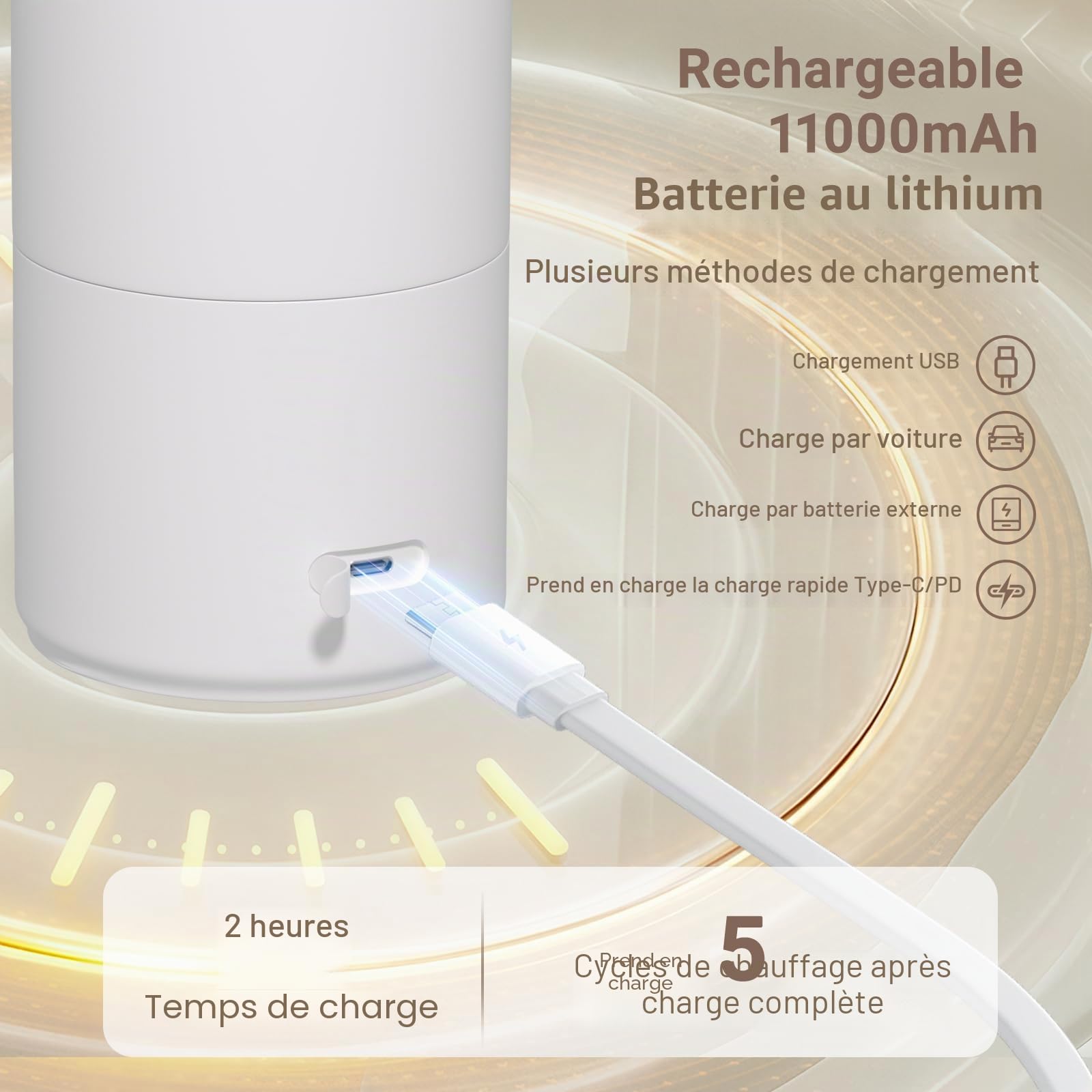 Chauffe-biberon portable électrique rechargeable (500 ml) avec affichage LED pour le lait maternel et l'eau, pour voiture, camping et voyage