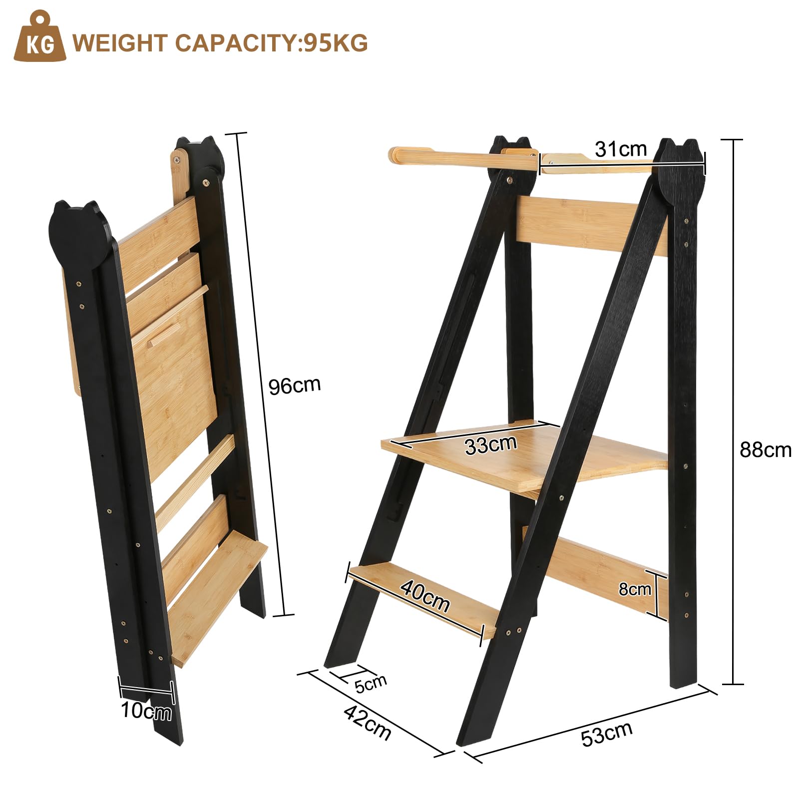 Fold Legno Torre Montessoriana di Apprendimento Pieghevole Multiuso Learning Tower in Legno Naturale di Betulla con 3 Altezze Regolabili,per Bancone Cucina Lavandino Bagno