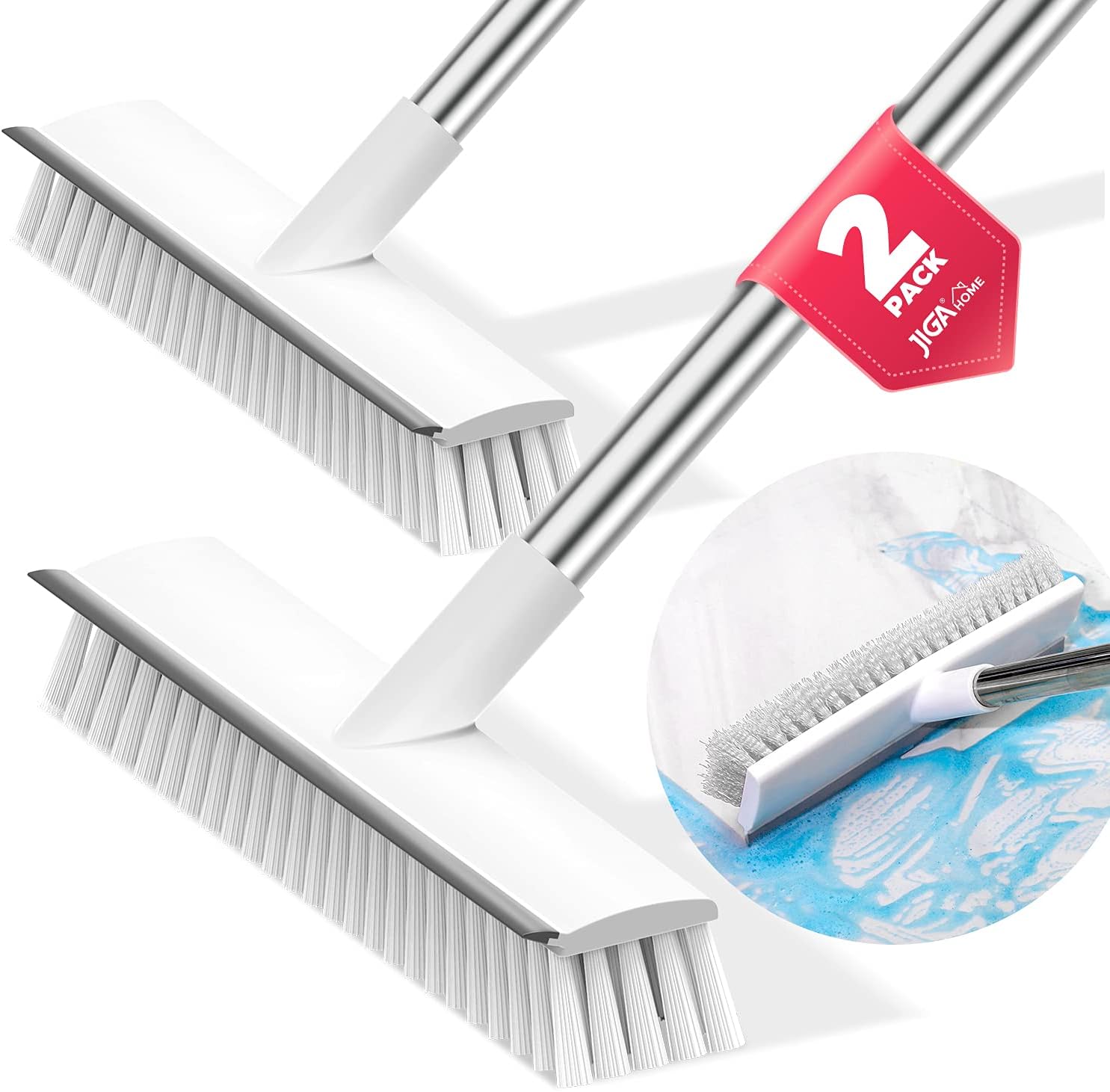 JIGA 2 Pack Floor Scrub Brush with Long Handle, Stiff Bristle Brush Scrubber, Cleaning Brush for Deck, Bathroom, Tub, Tile, Grout, Kitchen, Swimming Pool, Patio, Garages, Gray : Everything Else
