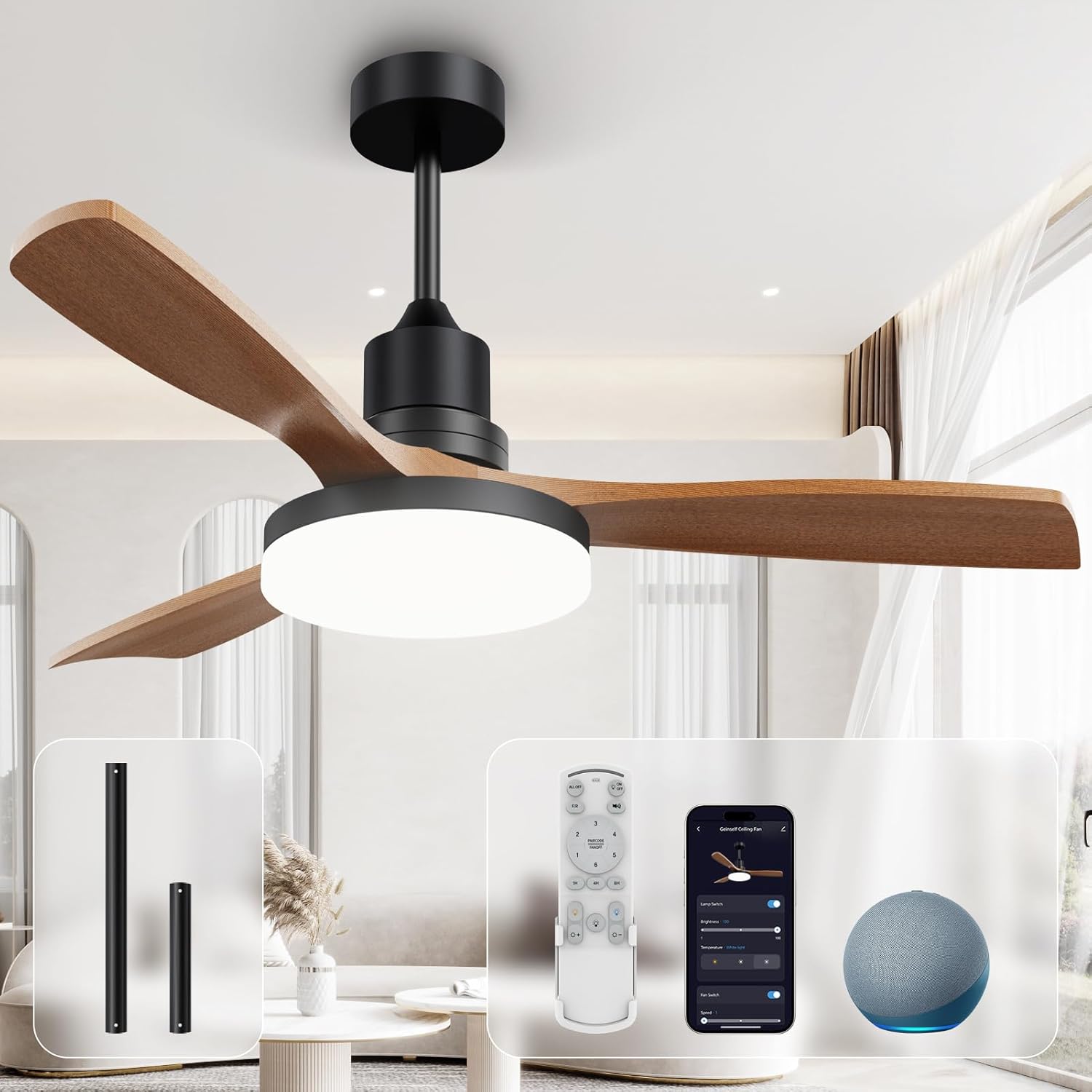 52 Inch Ceiling Fans with Lights, Smart Ceiling Fan Compatible with Alexa/App/Remote, 3 Solid Wood Blades, Reversible DC Motor, Large LED Outdoor Ceiling fan for Living Room, Bedroom,Kitchen