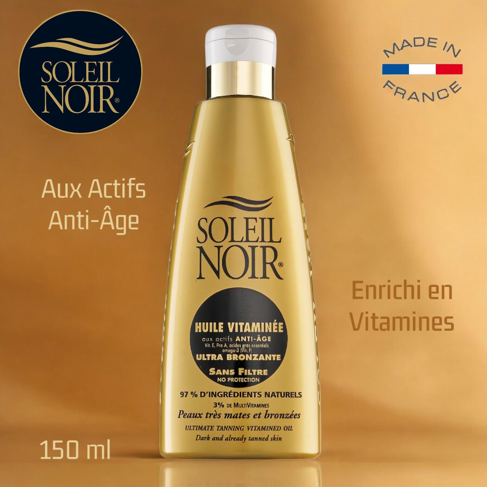 Soleil Noir - Huile Ultra-Bronzante Vitaminée sans Filtre - Peaux Très Mates et Bronzées - 97% d’Ingrédients Naturels - Fabrication Française - Flacon avec Capsule Service, 150 ml