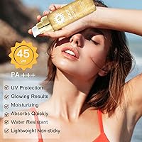 Vista 4 de Aceite de brillo corporal, SPF 45 de amplio espectro, aceite de brillo corporal con mica dorada, protector solar con purpurina con coco, ligero