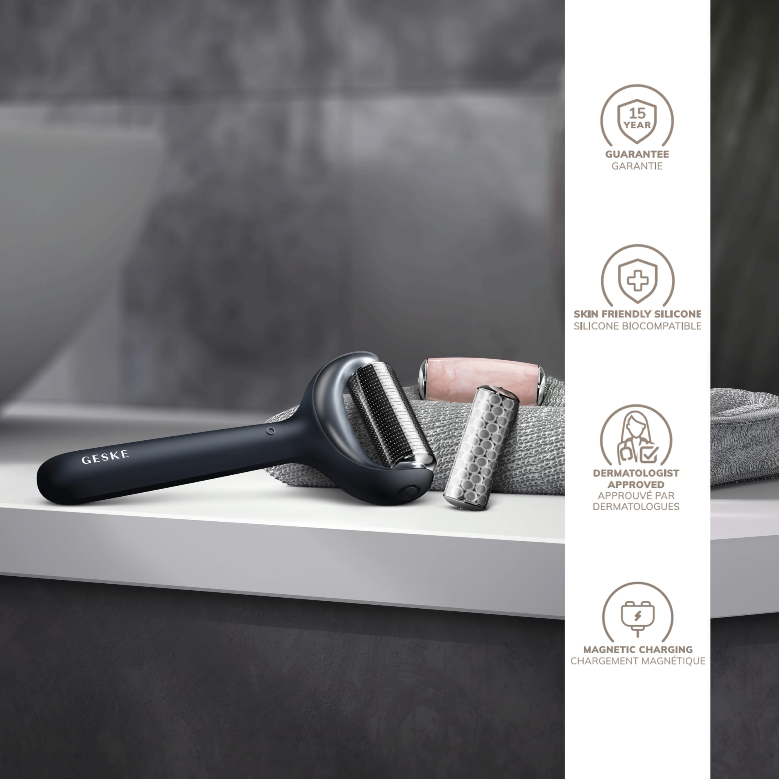 GESKE | Roller viso & corpo microaghi SmartAppGuided™ | 9 in 1 | Derma Roller | con quarzo rosa |Roller elettrico | Microaghi | Dispositivo per microneedling | Roller con microaghi