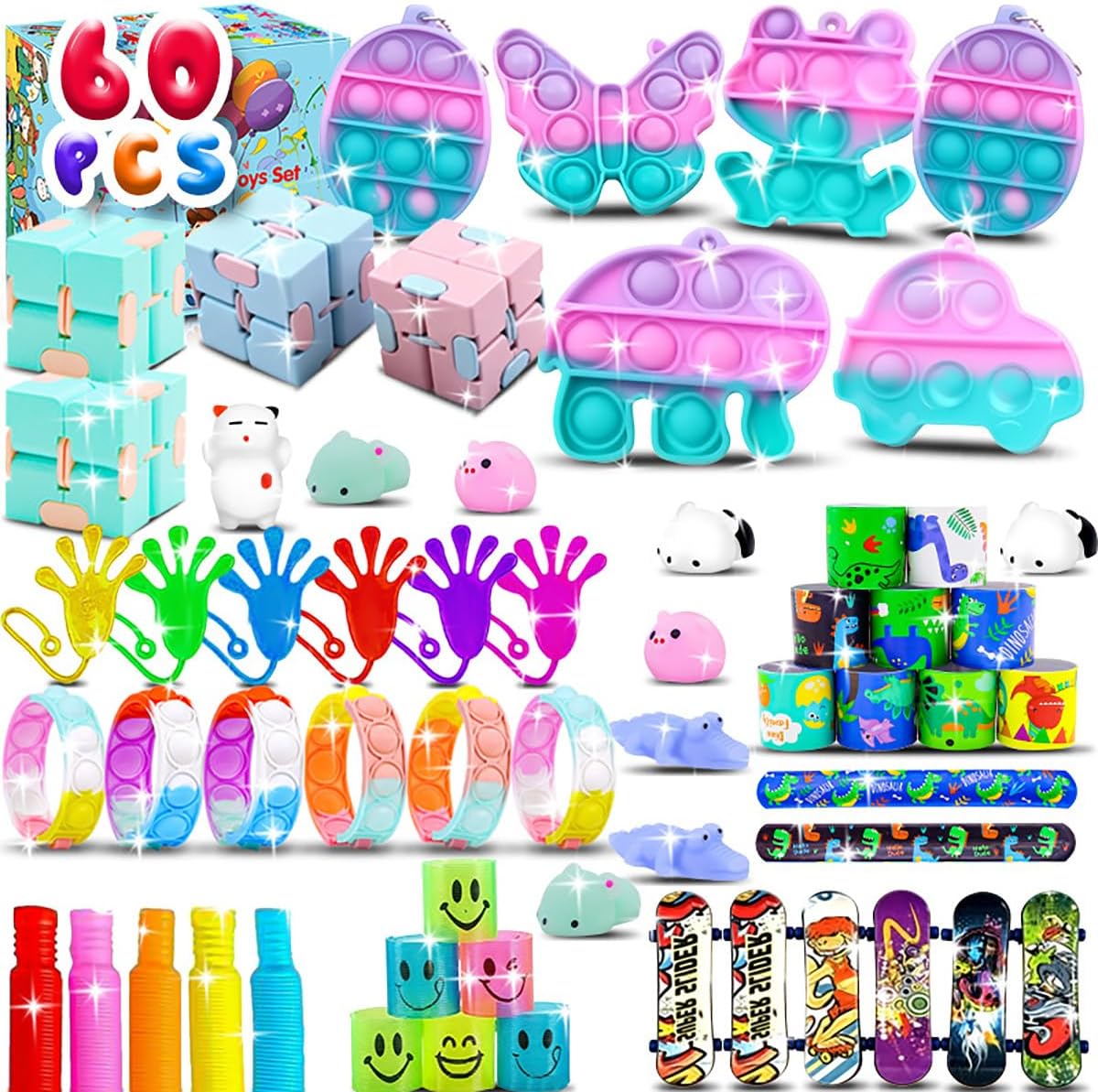 Fidget Items 60 Pack, Party Favors for Teens, Bulk Sensory Items Set Autism Autistic, Treasure Box Items for Classroom, Stocking Stuffers Goodie Bags, Birthday Gifts Prizes for Boys Girls