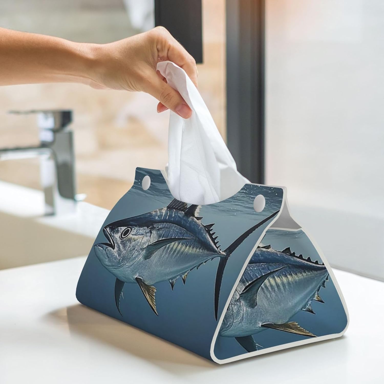 Decorative Tissue Box Cover Bluefin Tuna Thunnus Tissue Box Holder Aesthetic Leather Storage Organizer Box for Bathroom Vanity Tabletop Night Stands Office Funny Home Decorative Tissue Case image 5