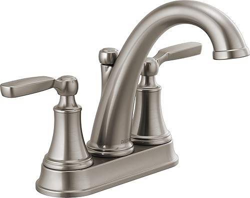 Delta Faucet Woodhurst - Grifo de baño central, níquel cepillado, grifo de baño de 2 manijas, montaje de drenaje de metal, acero inoxidable,