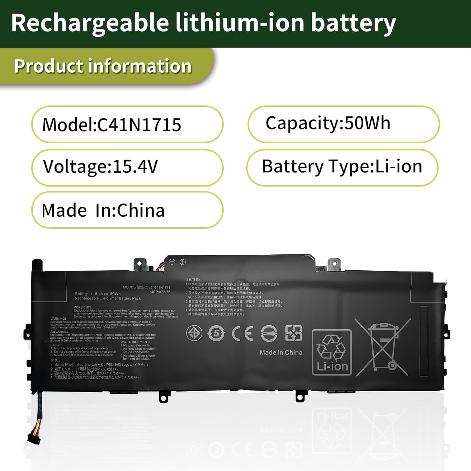 C41N1715 15.4V 50Wh Laptop Battery Compatible with Asus Zenbook 13 UX331UA UX331UN UX331FN U3100FN U3100UN UX331UA-1B UX331UN-1E