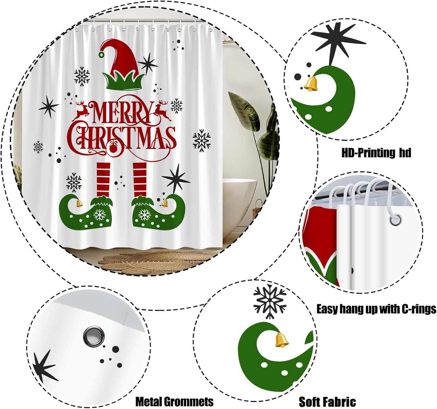 Sunhe Christmas Elf Shower Curtain Red Green Cartoon Elfs Leg Funny Quotes Snowflake Merry Christmas Winter Holiday 70" Wx96 H Bathroom Decor Curtain with Hooks