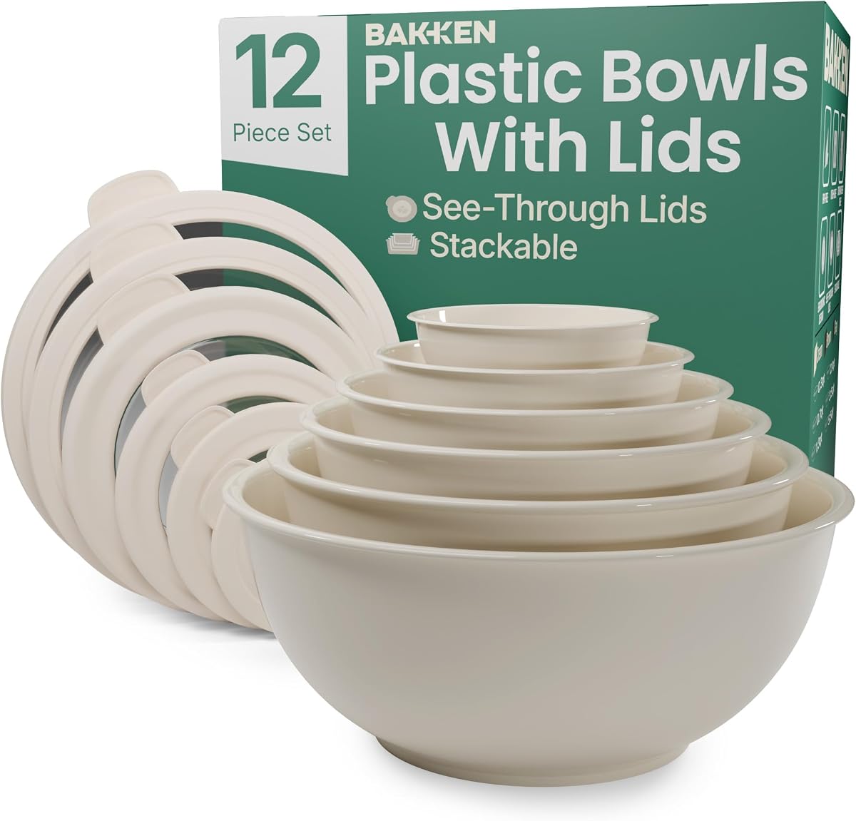 Bakken Master 12 Piece Plastic Nesting Bowls with Lids - Mixing Bowls Set includes 6 Prep Bowls and 6 Lids, BPA-Free, Reusable Meal Prep Containers, Microwave, Freezer & Dishwasher Safe, White Cream