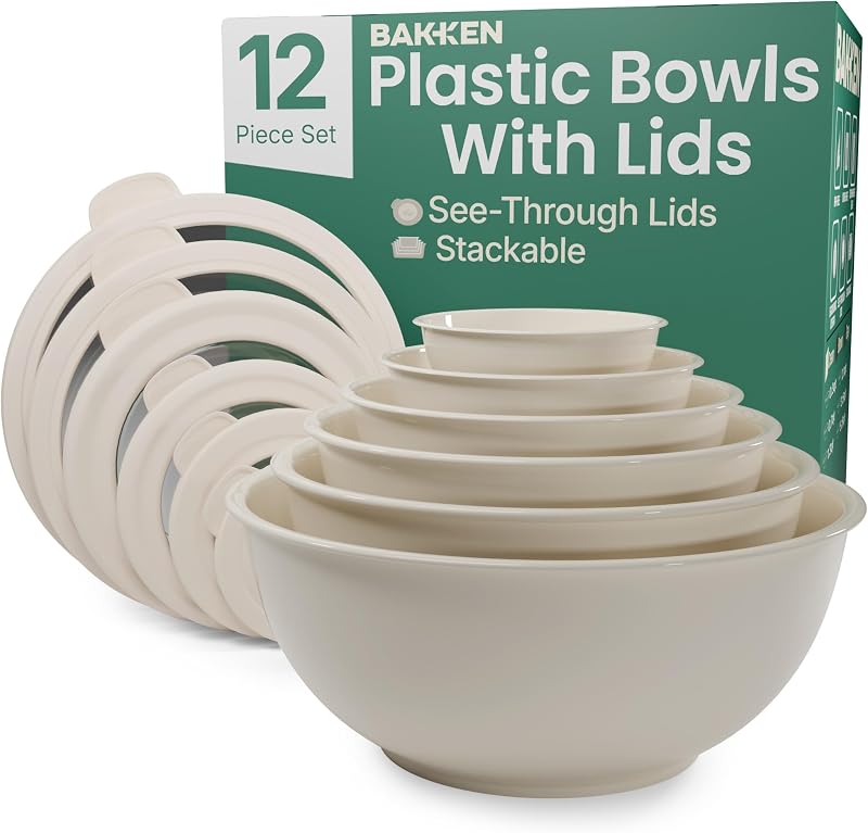 Bakken Master 12 Piece Plastic Nesting Bowls with Lids - Mixing Bowls Set includes 6 Prep Bowls and 6 Lids, BPA-Free, Reusable Meal Prep Containers, Microwave, Freezer & Dishwasher Safe, White Cream