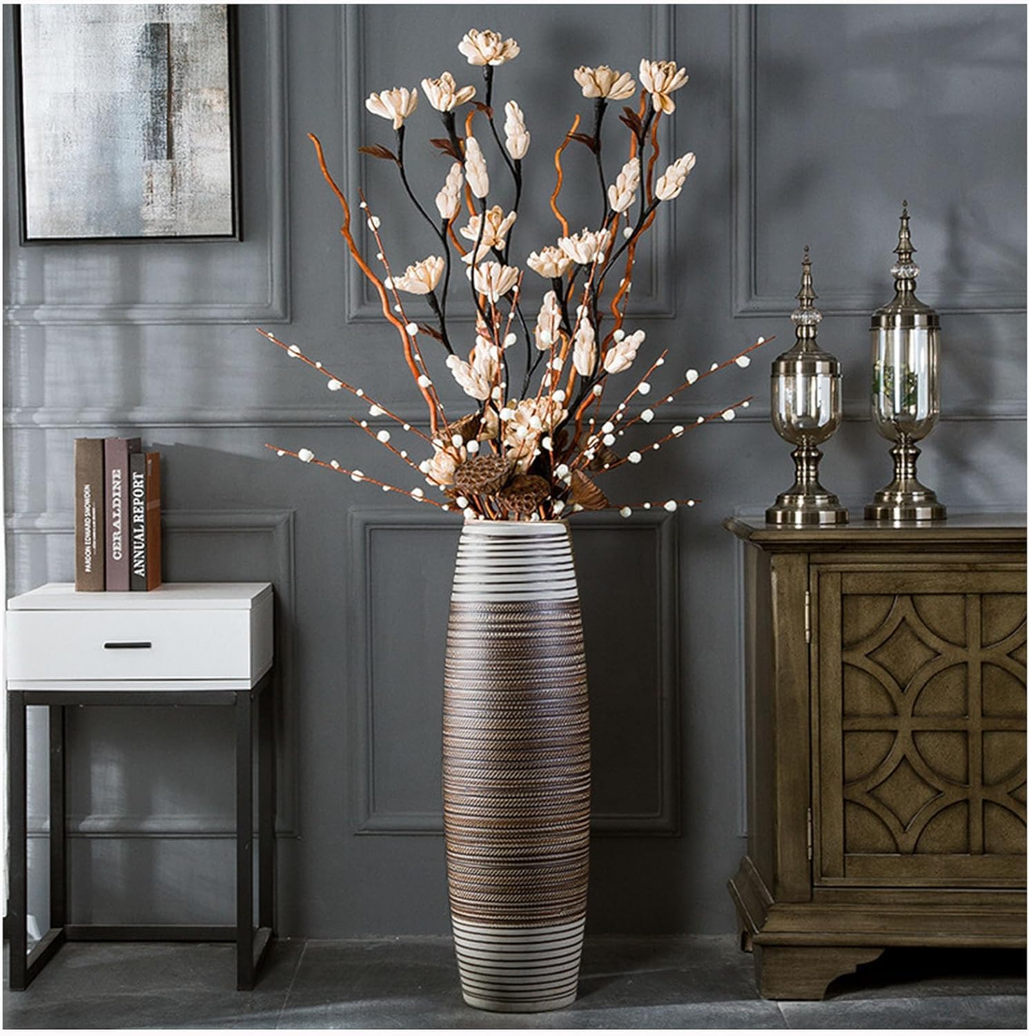 Vase Tabletop Floor Large Handmade Ceramic Brown Line Design Desktop Decoration Can Be Placed With Dried Flowers(80cm)