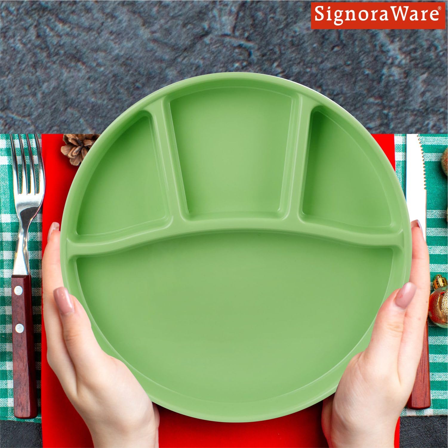 Signoraware Round Serving Thali Set, Set of 3, Parrot Green - Image 7 thumbnail