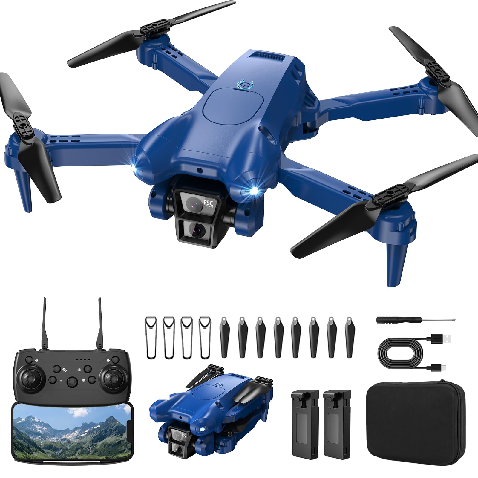 HD 1080P Camera Drone, Foldable Mini Quadcopter for Kids Beginners, Altitude Hold, Easy Control, Perfect Toy Gift (Dark Blue)