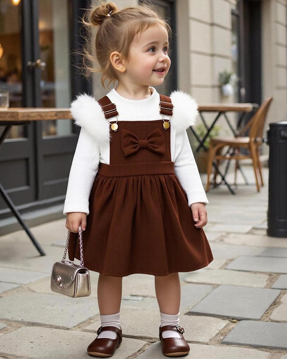 Toddler Baby Girl Outfits Long Sleeve Ribbed T-Shirt Bow Overall Dresses Suspender Skirt Set Fall Winter Clothes - Image 2