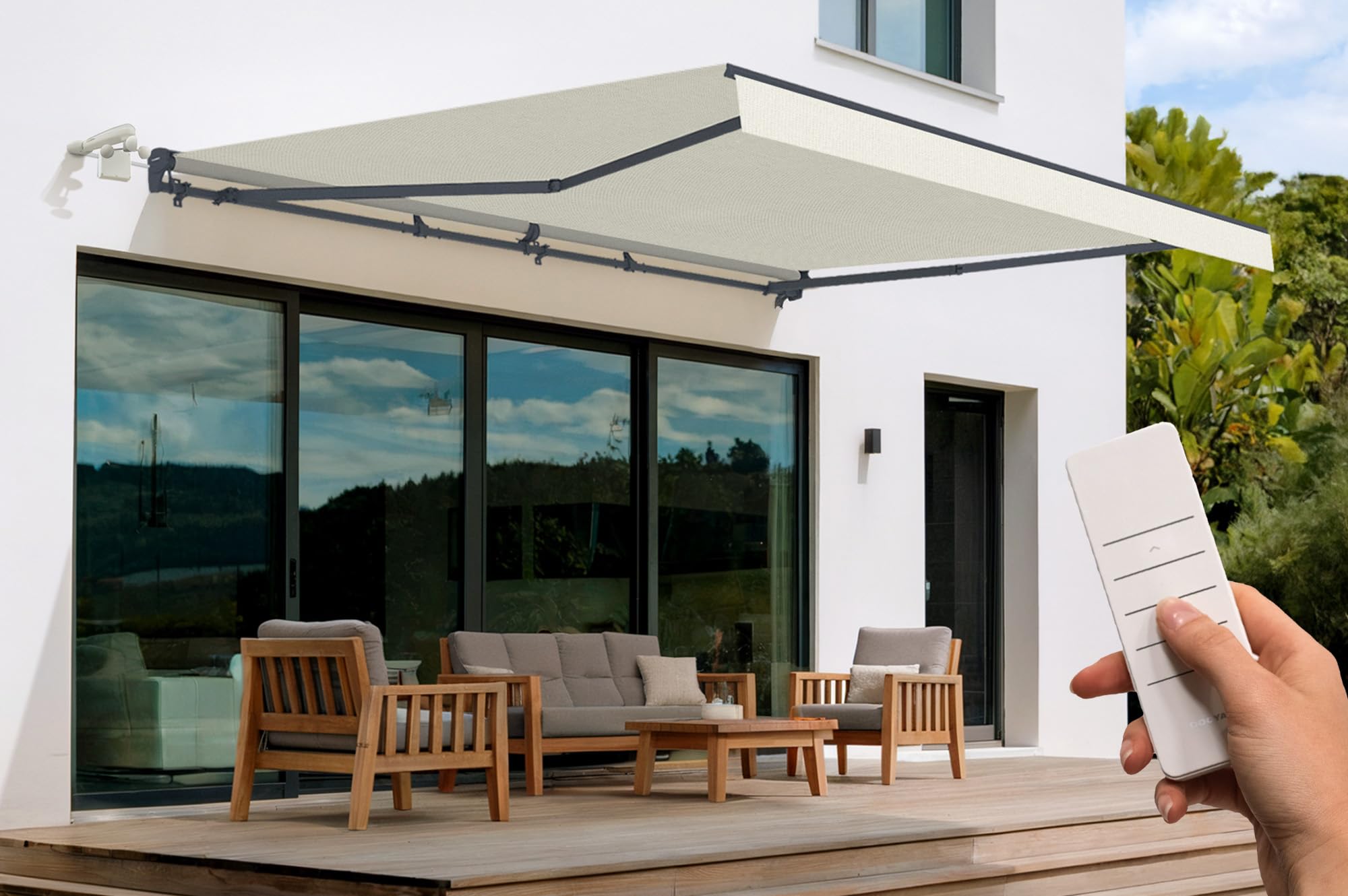 Cazeboo Store banne motorisé Semi-​Coffre 495x300 cm Beige - Cazeboo FAZZIO Toile 320g/​m² UV50+ - Moteur 230V télécommande Incluse capteur Vent - Inclinaison 30 à 100° - Protection terrasse 14,​85 m²