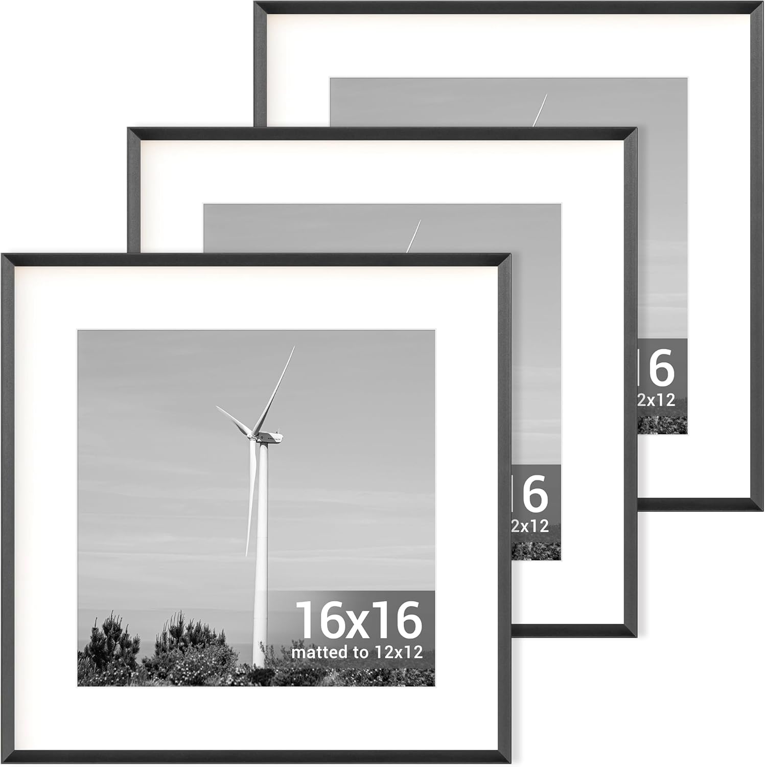 16x16 Aluminum Picture Frame in Black, Square 16x16 Frame with Mat for 12x12, Metal Black Frames 16 by 16 with Tempered Real Glass, 16 x 16 In Poster Frame, 16x16 Art Frame for Home Decor, 3 Pack Black 16x16 - 3P