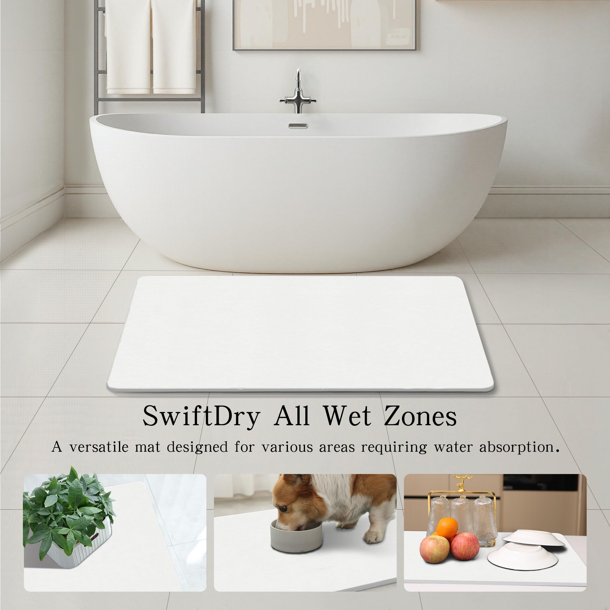 THMINS Tappetino da Bagno in Pietra 90x60 cm, Tappeto in Diatomite Assorbente, Asciugatura Rapida, Antiscivolo, per Bagno e Doccia, Bianco
