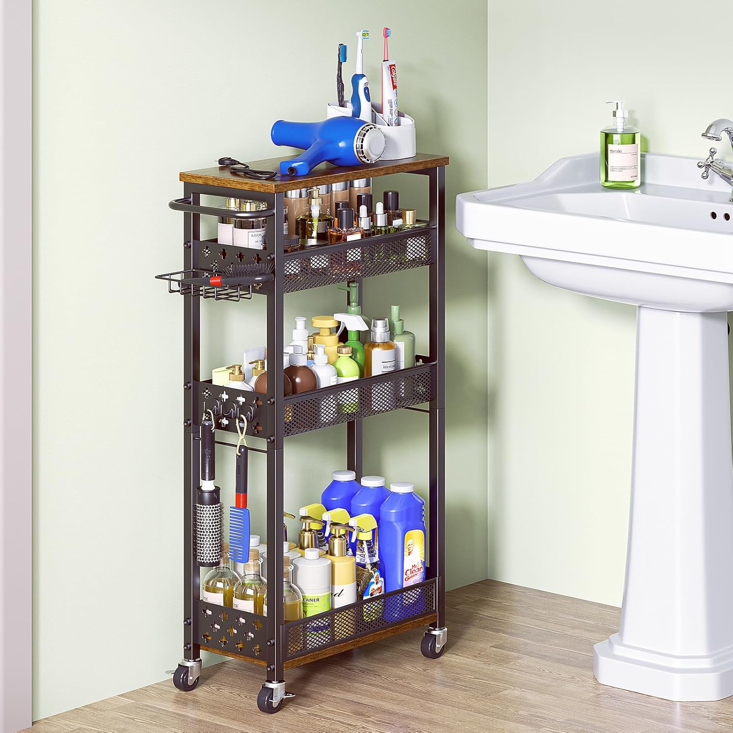 4-Tier Rolling Storage Cart, Utility Slim Organizer Cart with Wheels for Laundry Room, Bathroom, Kitchen, Pantry, Living Room, Metal Organization Mobile Shelf Unit for Small Spaces, Black