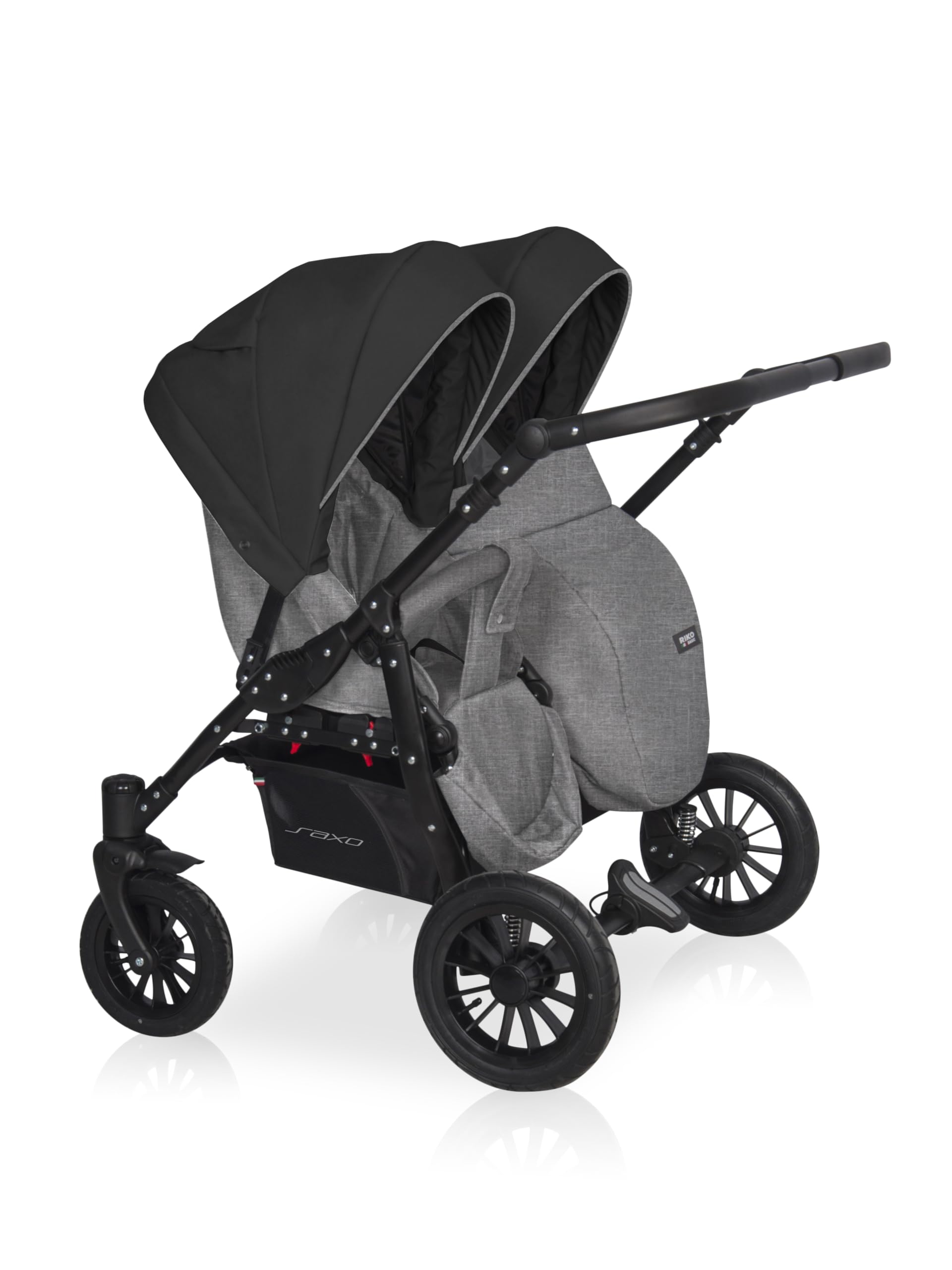 Riko Basic kinderwagen 2 in 1 SAXO für Zwillinge – 2 baby Gondeln – kinderwagen für 2 kinder – Ventilatoren und Verdeck – geräumiger Korb und Tasche – Zentralbremse – Onyx