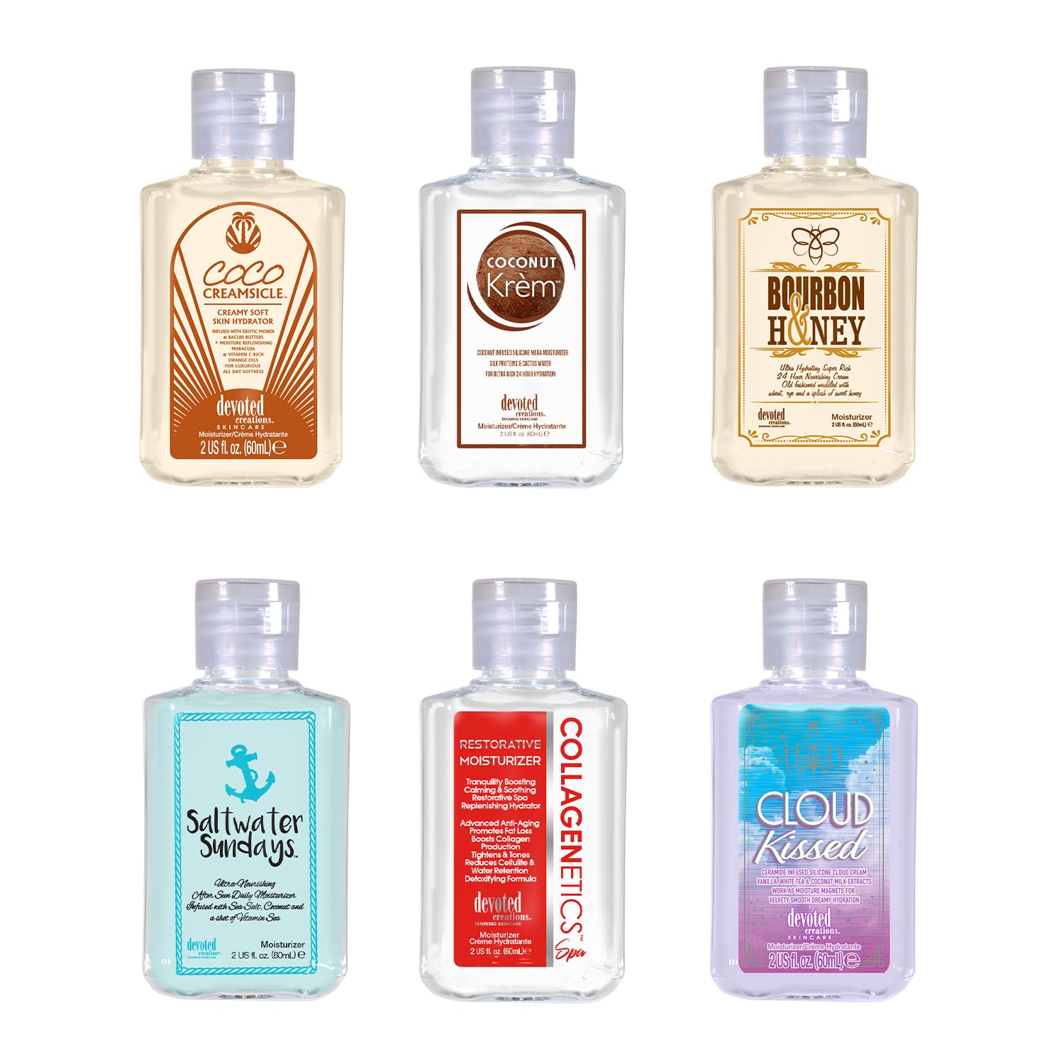 Devoted Creations 2oz Moisturizer Mini Bundle – 6 Items: Coconut Krem, Saltwater Sundays, Cloud Kissed, Coco Creamsicle, Bourbon & Honey and