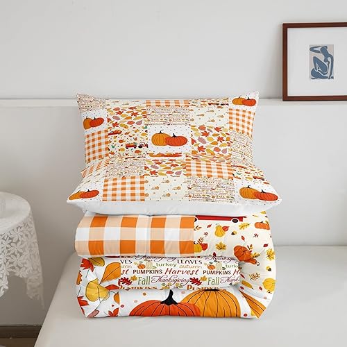 Miniatura 5 de Juego de edredón de calabaza de otoño, tamaño Queen, juego de ropa de cama de Acción de Gracias, 3 piezas de hojas de arce, tractores de granja,
