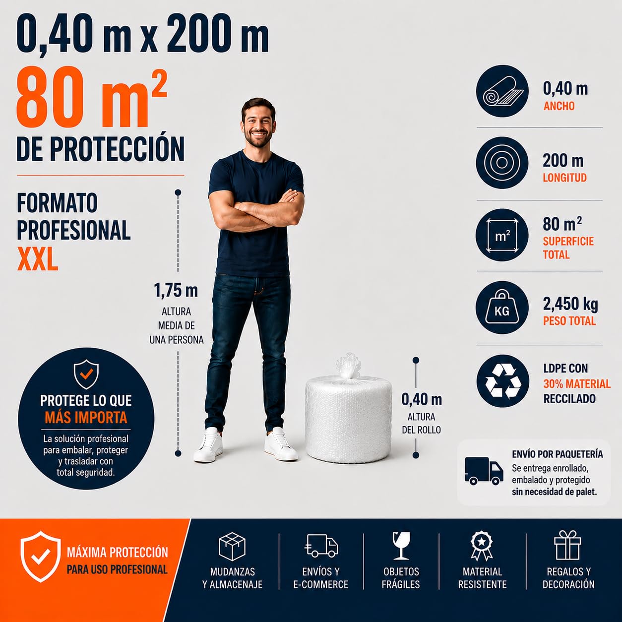 Plástico de Burbujas Rollo Grande 0,40m x 200 m (80 m²) | Papel Burbuja Embalaje Profesional para Mudanzas, Envíos, Ecommerce y Objetos Frágiles | Rollo Burbujas XXL Resistente peso: 2,5 kg