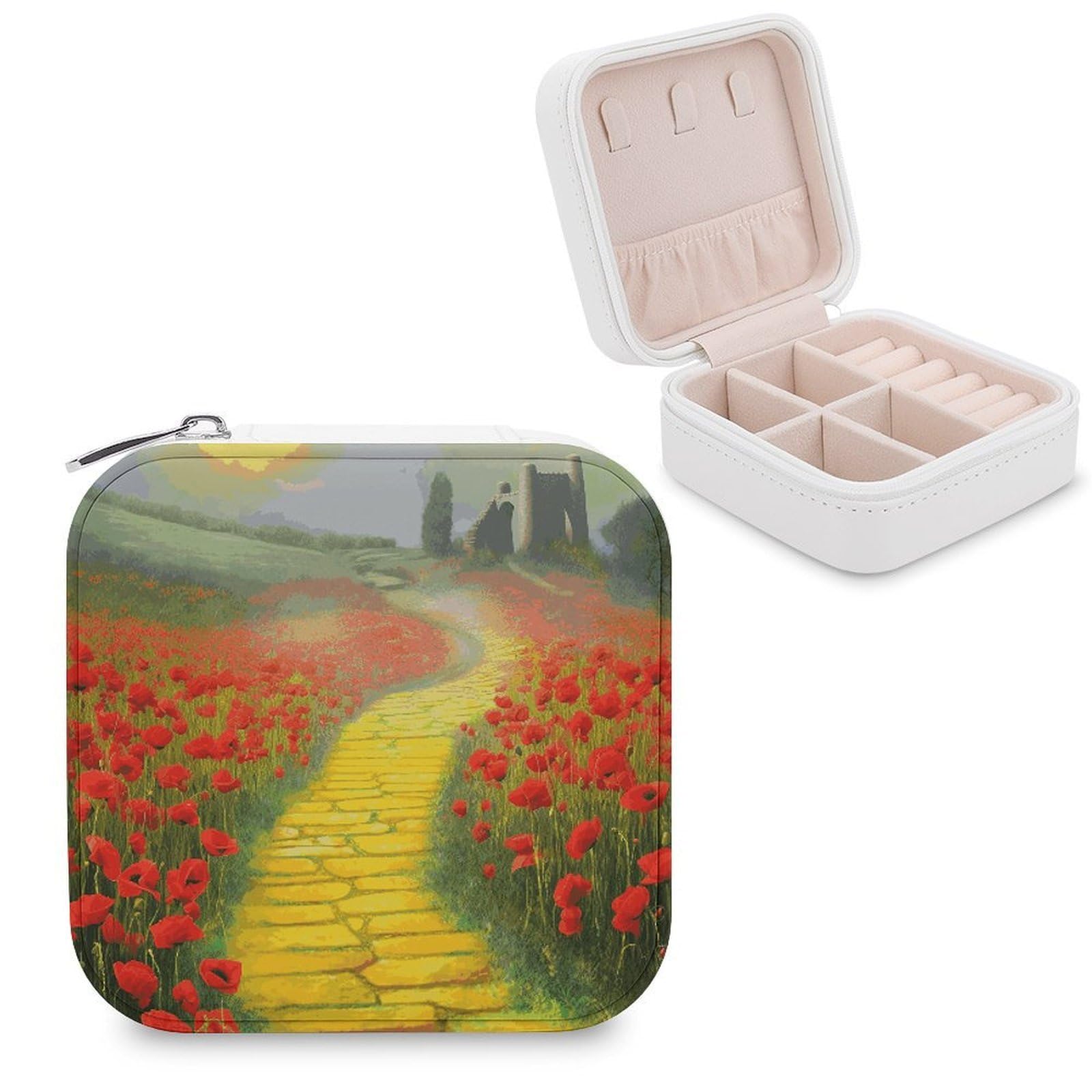 FekiLoot Poppies Field Yellow Brick Road Jewelry Box Exquisite Jewelry Organizer Silver Gold Trinket Storage Case Multi Compartments Cute Earrings Ring Necklace Holder For Woman Household Gift