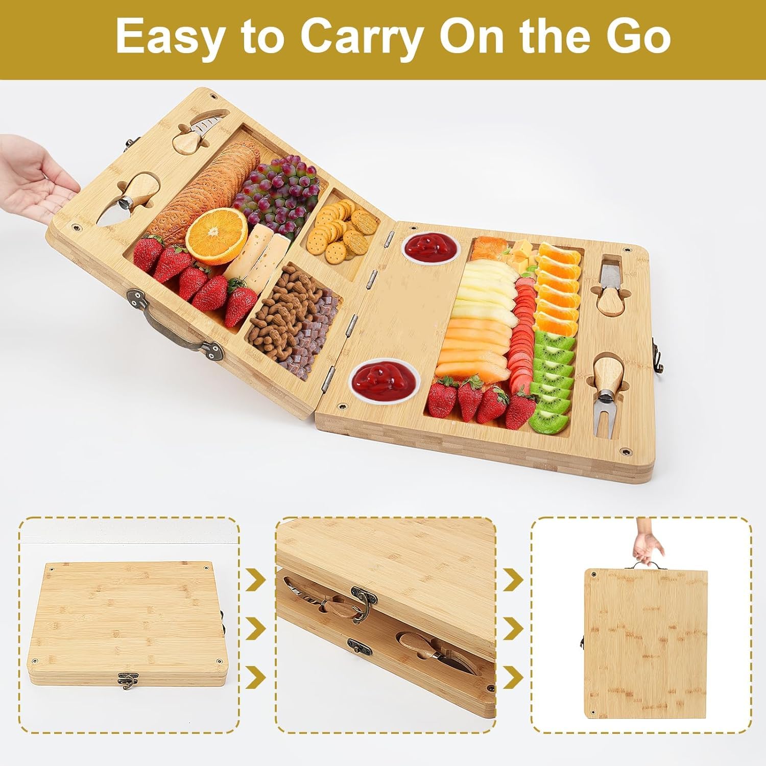Tabla de charcutería extragrande, bandeja portátil plegable para servir queso, mesa pequeña, juego de cuchillos multiusos, adecuado para exteriores, aniversario de boda, Navidad, regalos de Acción de