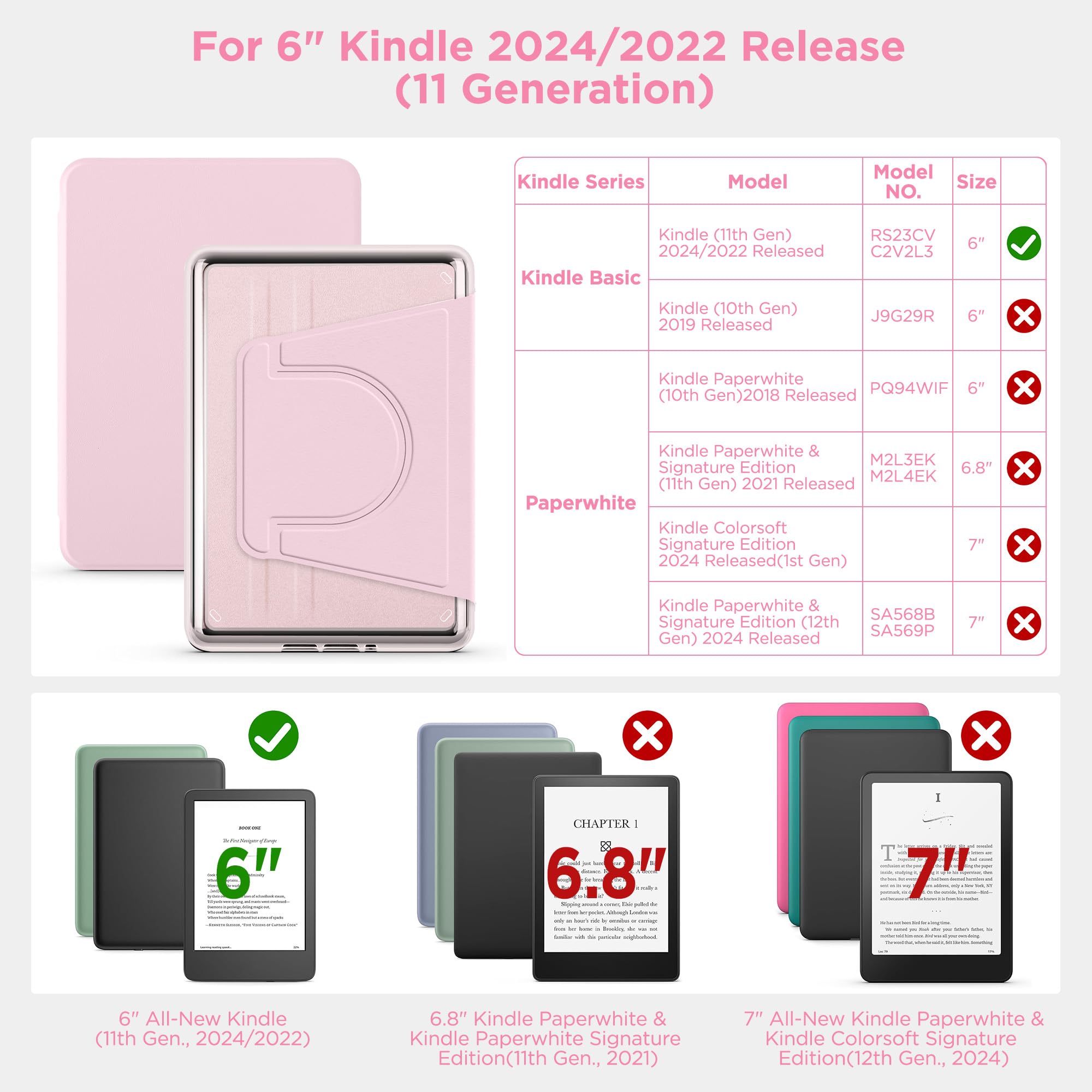 Vane Oak Magnetische, abnehmbare 2-in-1-Ständerhülle mit Anti-Rutsch-Rillen für Kindle 2024 und 2022 (11 Generation), schlanke PU-Schutzhülle mit automatischer Wake/Sleep-Funktion, Rosa