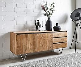 INMARWAR Solid Mango Wood & Carbon Steel Sideboard and Cabinets for Living Room | Free Standing Side Board Buffet Cabinet with 3 Drawers & 2 Door Cabinet Storage for Kitchen | Natural Finish