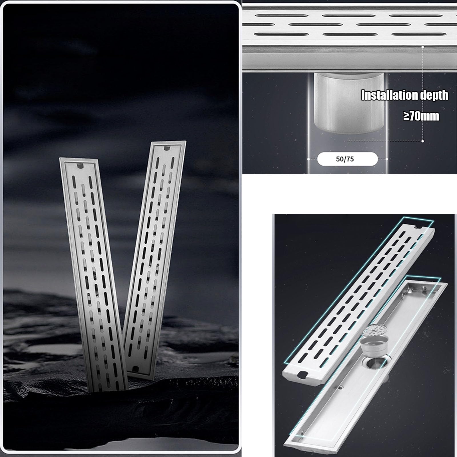 Salle De Bain Bonde Douche Extra Plate,Caniveau De Douche en Encastré,Siphon De Sol Douche en Acier Inoxydable,10 * 20cm